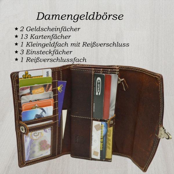 flevado Damengeldbörse Echt Leder RFID Schutz Schnallenoptik Klickverschluss Dunkelbraun-Glattleder